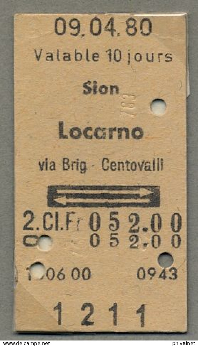 09/04/80 SION - LOCARNO , VIA BRIG - CENTOVALLI , TICKET DE FERROCARRIL , TREN , TRAIN , RAILWAYS - Europe
