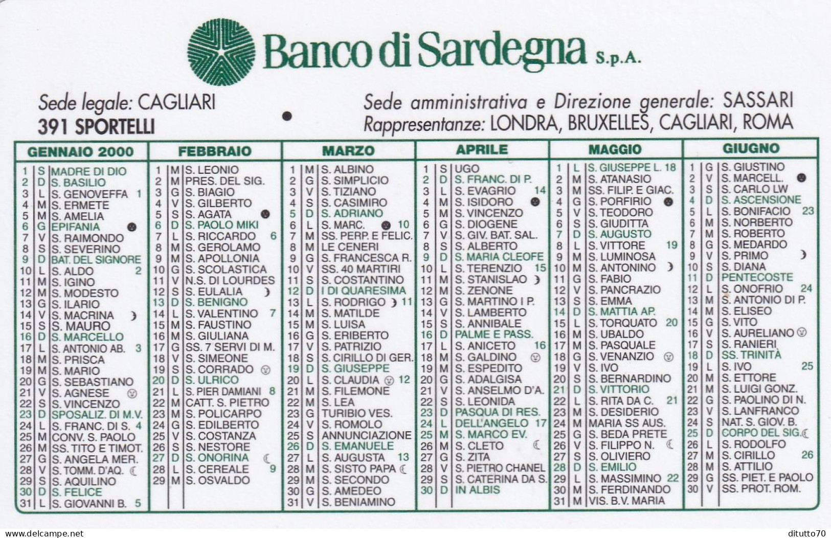 Calendarietto - Banco Di Sardegna - Anno 2000 - Klein Formaat: 1991-00