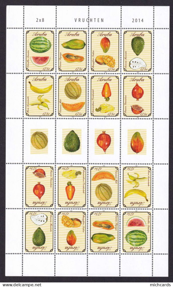 323 ARUBA 2014 - Y&T 807/14 X 2 En Feuille + Vignette - Fruit Pasteque Papaye Mangue Banane - Neuf **(MNH) Sans Charnier - Curaçao, Antilles Neérlandaises, Aruba