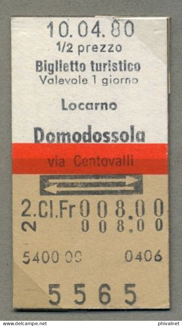 10/04/80 , LOCARNO - DOMODOSSOLA , VIA CENTOVALLI , TICKET DE FERROCARRIL , TREN , TRAIN , RAILWAYS - Europa