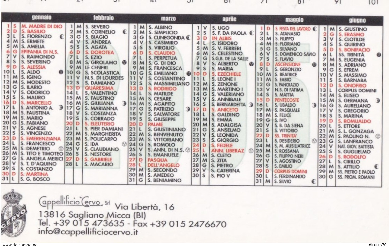Calendarietto - BARBISIO - Cappellificio Cervo - Sagliano Mcca - Biella - Anno 2000 - Klein Formaat: 1991-00