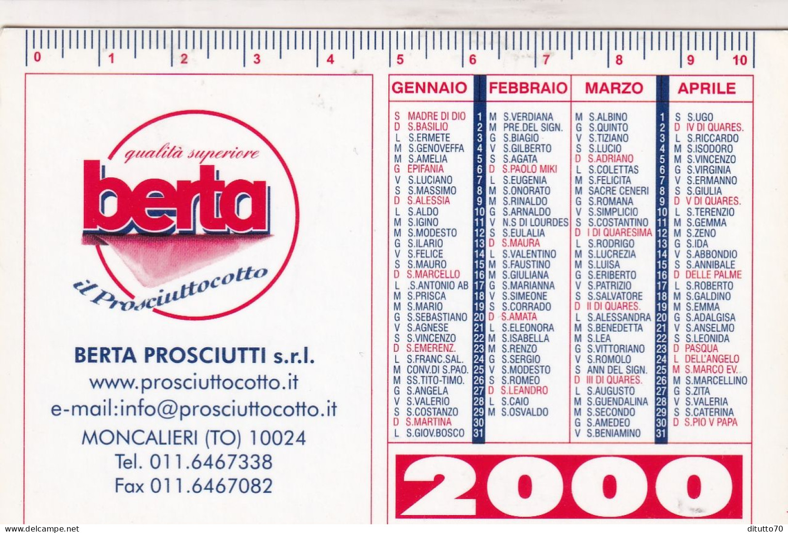 Calendarietto - BERTA - Prosciutti - Moncalieri - Torino - Anno 2000 - Petit Format : 1991-00