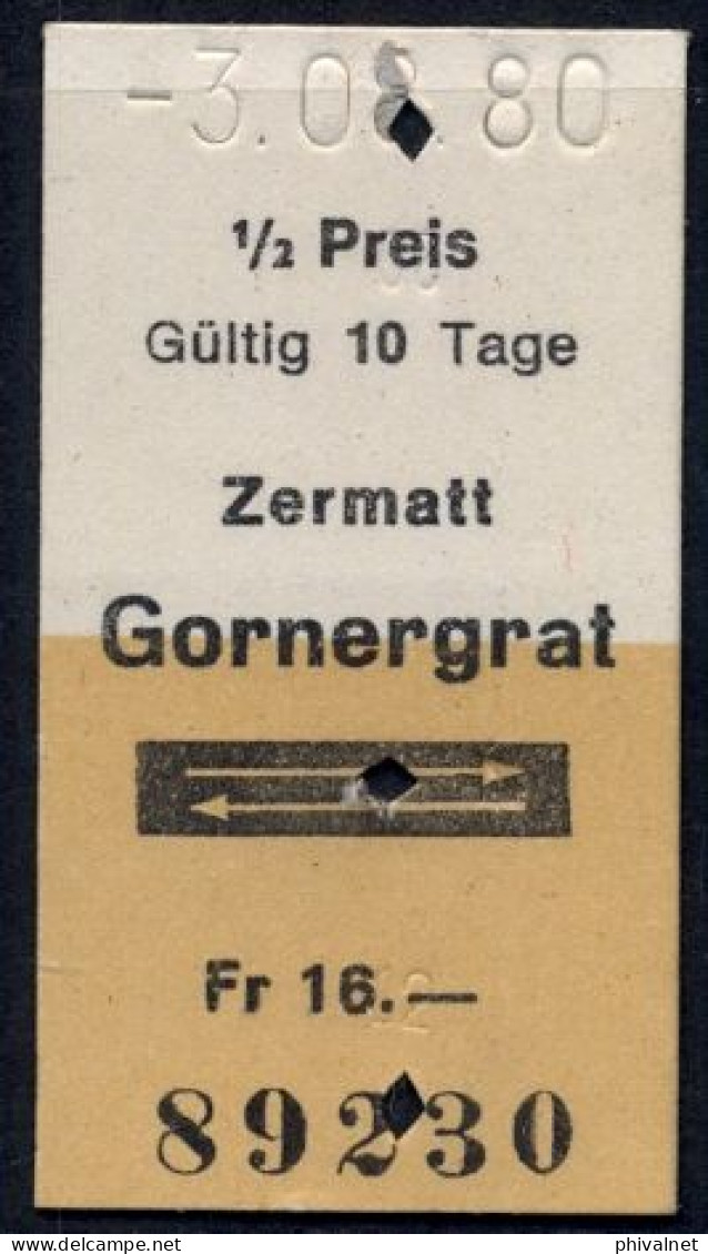 03/08/80 , ZERMATT - GORNERGRAT , TICKET DE FERROCARRIL , TREN , TRAIN , RAILWAYS - Europa