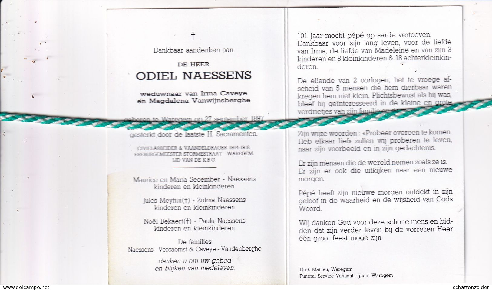 Odiel Naessens-Caveye-Vanwijnsberghe, Waregem 1897, 1999. Honderdjarige; Foto - Décès