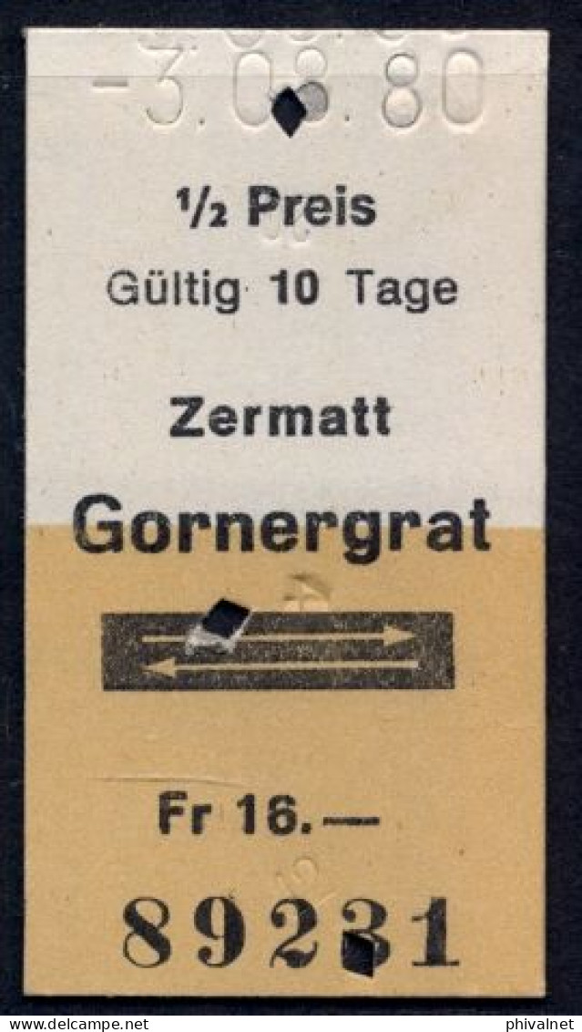03/08/80 , ZERMATT - GORNERGRAT , TICKET DE FERROCARRIL , TREN , TRAIN , RAILWAYS - Europa