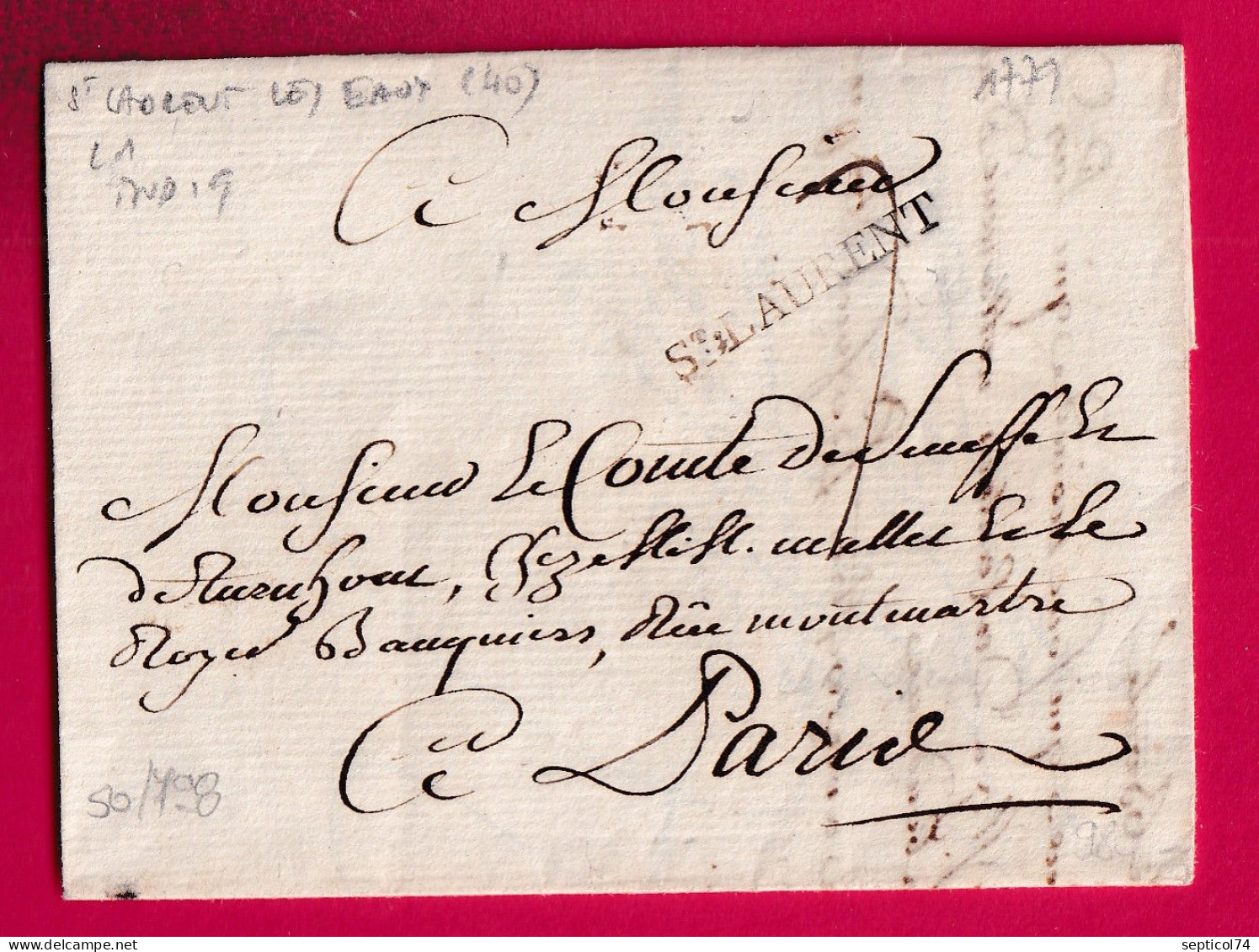 MARQUE ST LAURENT LES EAUX LOIR ET CHER 1779 LENAIN N°1 INDICE 19 POUR PARIS LETTRE - 1701-1800: Précurseurs XVIII