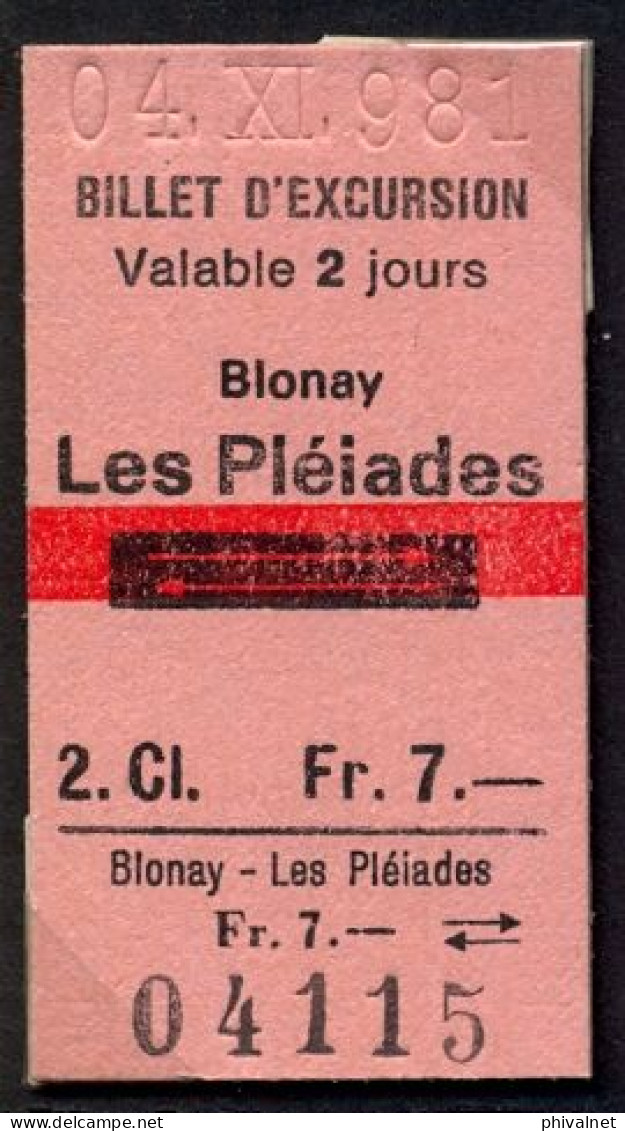 04/11/81 , BLONAY - LES PLÉIADES , TICKET DE FERROCARRIL , TREN , TRAIN , RAILWAYS - Europe