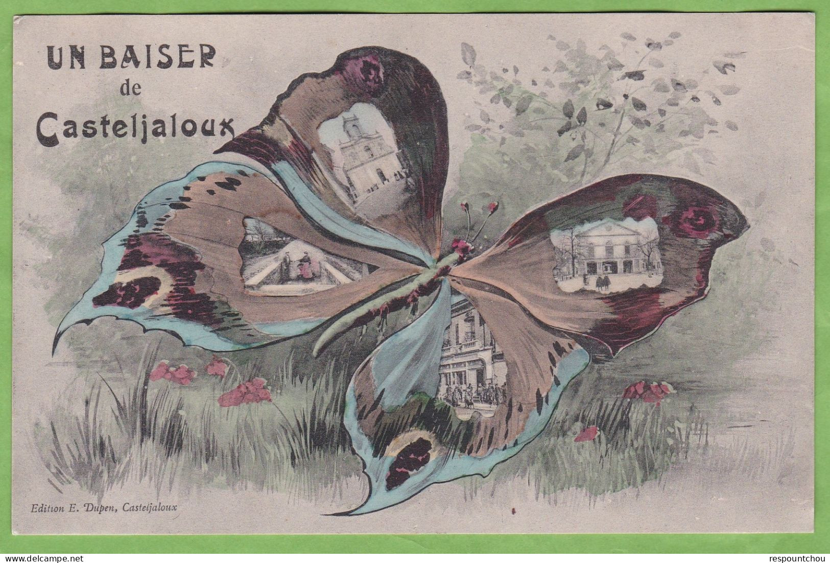 RARE CPA " Un Baiser De ... CASTELJALOUX " Illustrée D'un Papillon Multivue 47 Lot Et Garonne - Casteljaloux