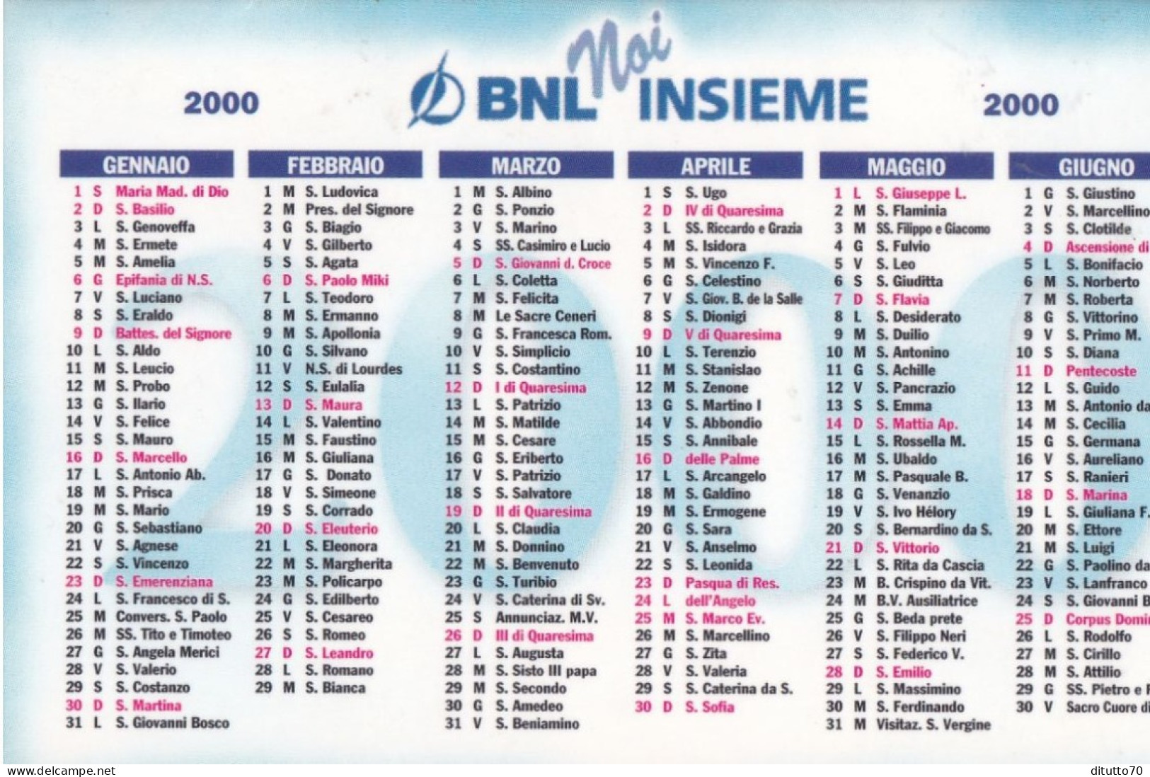 Calendarietto - BNL - Noi Insieme - Anno 2000 - Petit Format : 1991-00