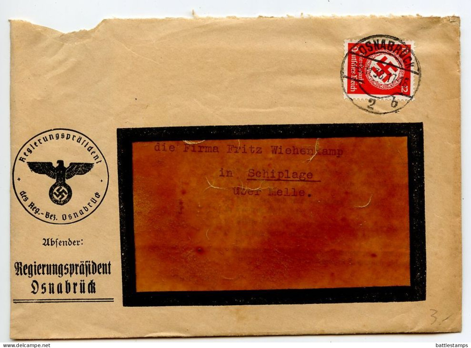 Germany 1938 Official Cover With Letter & Document; Osnabrück, Regierungspräsident To Schiplage; 12pf. Swastika Stamp - Cartas & Documentos