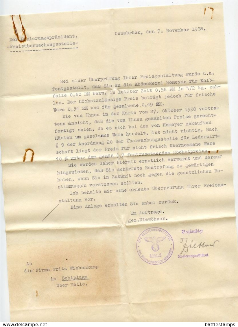Germany 1938 Official Cover With Letter & Document; Osnabrück, Regierungspräsident To Schiplage; 12pf. Swastika Stamp - Brieven En Documenten