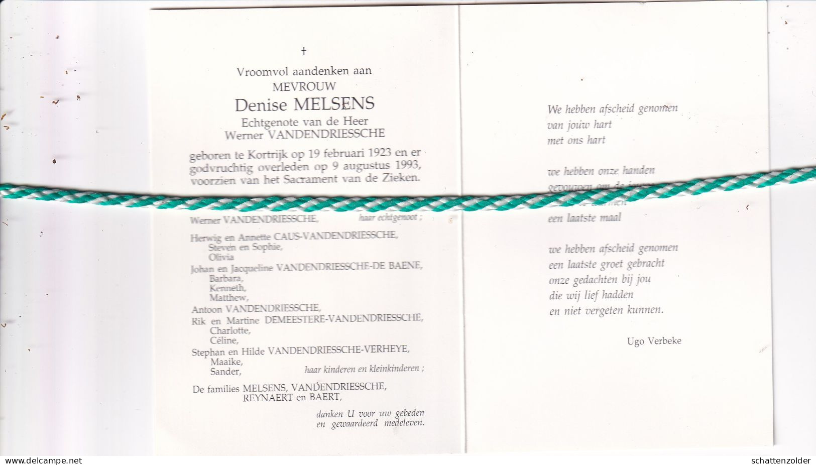 Denise Mielsens-Vandendriessche, Kortrijk 1923, 1993. Foto - Décès