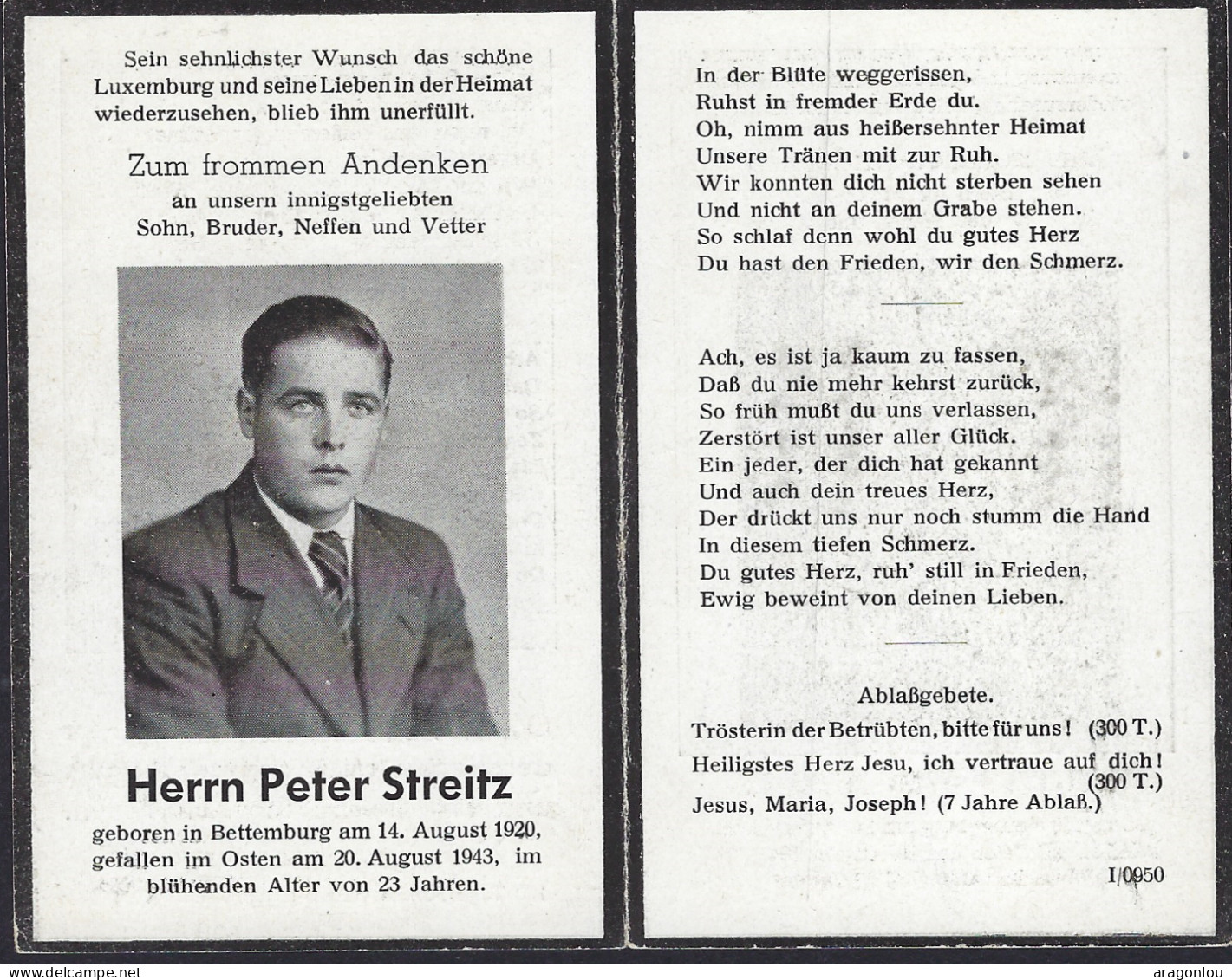 Luxembourg - Luxemburg - HERRN PETER STREITZ , GEB.IN BETTEMBOURG 1920 GEFALLEN IN OSTEN 1943, 23 JAHREN - Documents