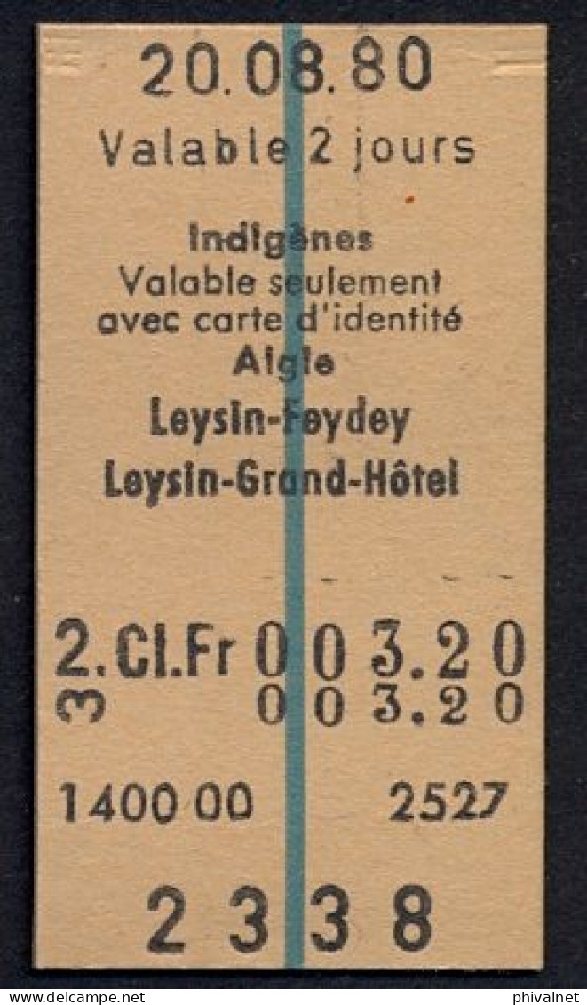 20/08/80 , AIGLE , LEYSIN - FEYDEY , LEYSIN - GRAND HOTEL , TICKET DE FERROCARRIL , TREN , TRAIN , RAILWAYS - Europa