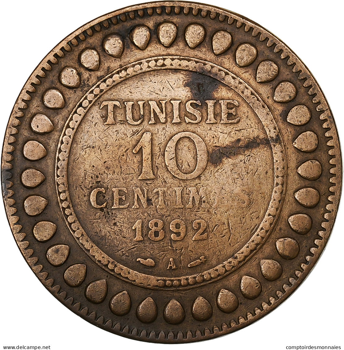 Tunisie, Ali Bey, 10 Centimes, 1892, Paris, Bronze, TB+, KM:222 - Tunesien