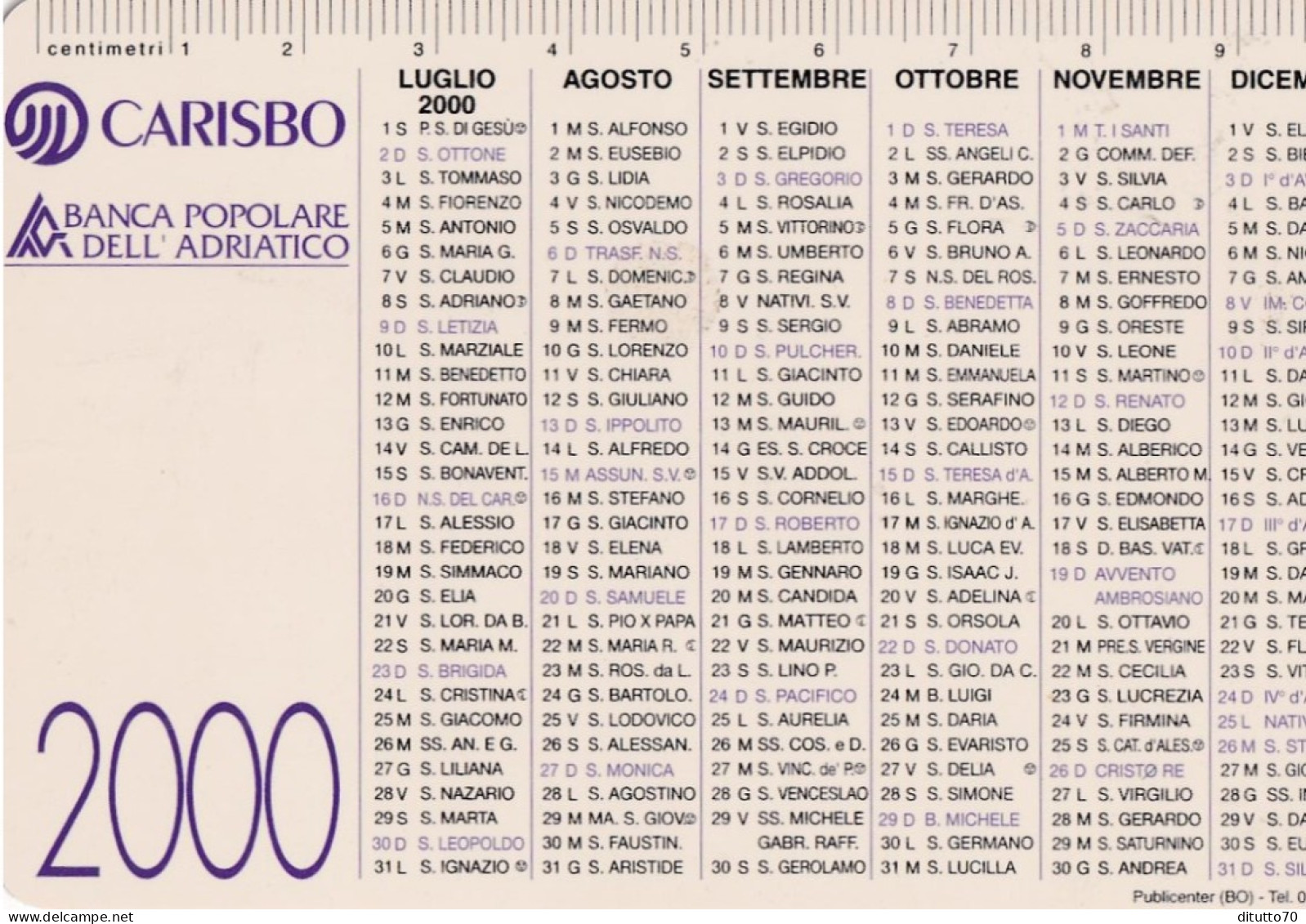 Calendarietto - CARISBO - Banca Popolare Dell'adriatico - Anno 2000 - Petit Format : 1991-00