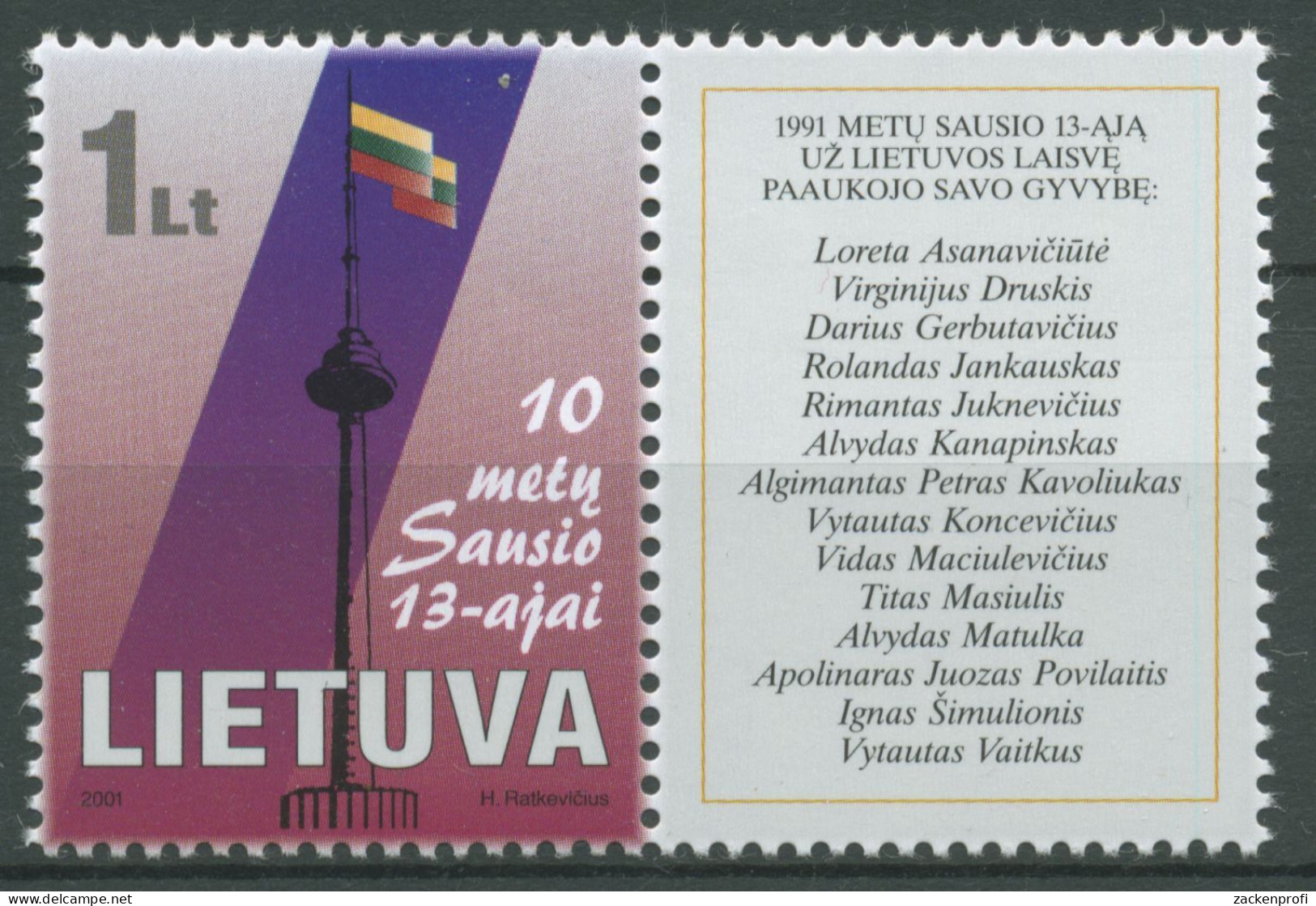Litauen 2001 Fernsehturm Vilnius Nationalflagge 750 Zf Postfrisch - Litauen