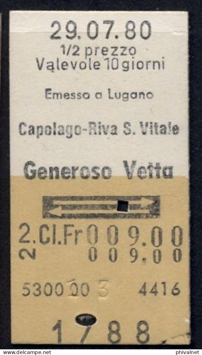 29/07/80 , EMESSO A LUGANO , CAPOLAGO - RIVA S. VITALE , GENEROSO VETT , TICKET DE FERROCARRIL , TREN , TRAIN , RAILWAYS - Europe