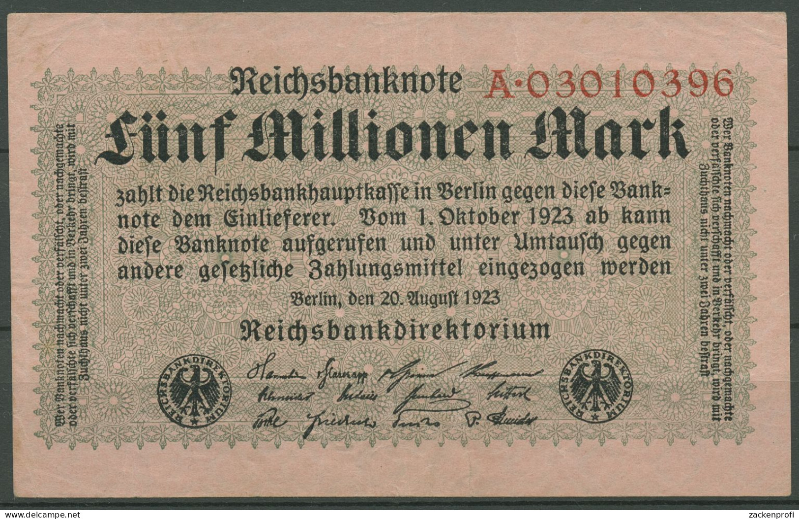 Dt. Reich 5 Millionen Mark 1923, Reichsdruck, Ro 104 A Serie A Gebraucht (K848) - 5 Mio. Mark
