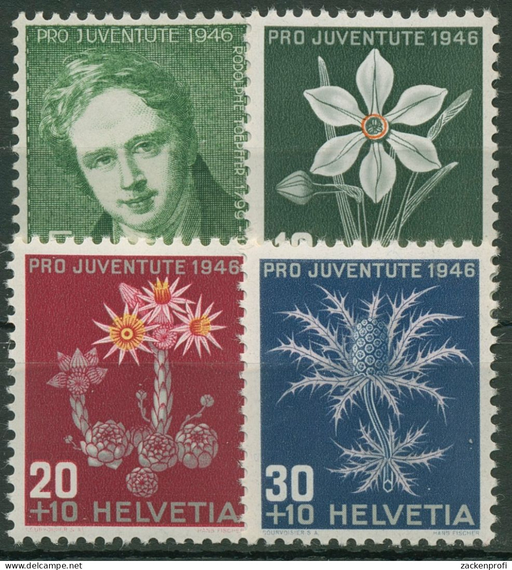 Schweiz 1946 Pro Juventute: Rodolphe Töpffer U. Alpenblumen IV 475/78 Postfrisch - Neufs