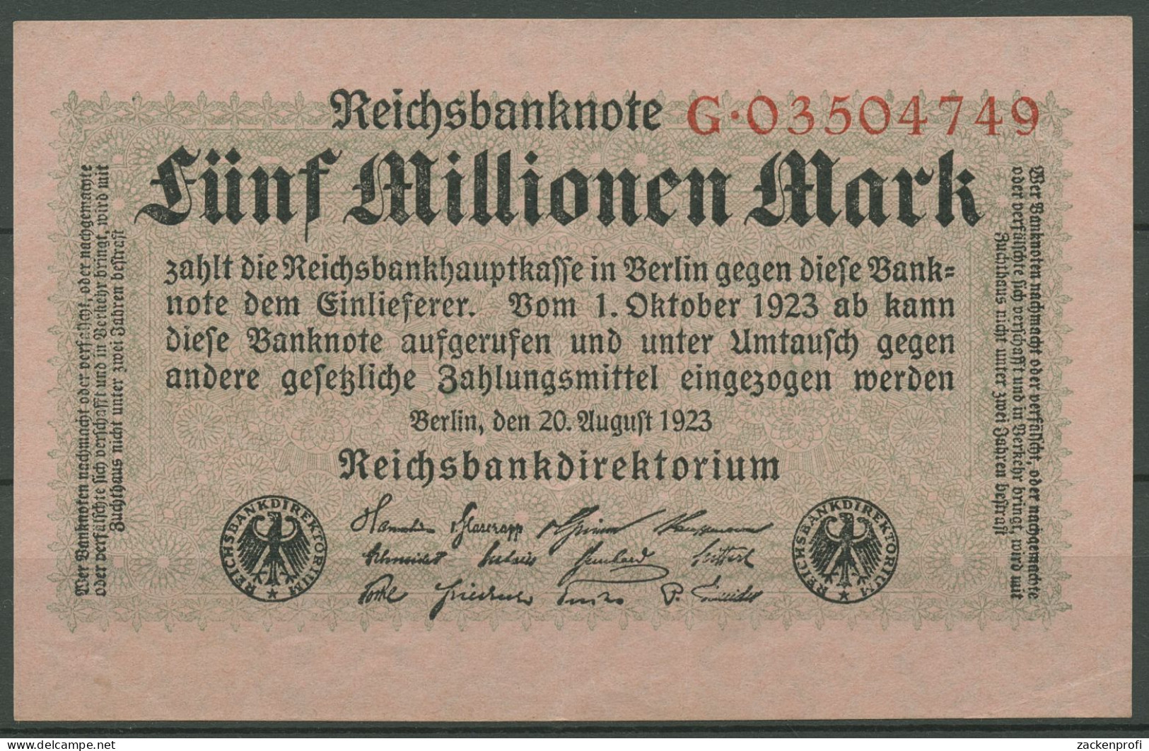 Dt. Reich 5 Mio Mark 1923, Reichsdruck, Ro 104 A Serie G Leicht Gebraucht (K849) - 5 Miljoen Mark