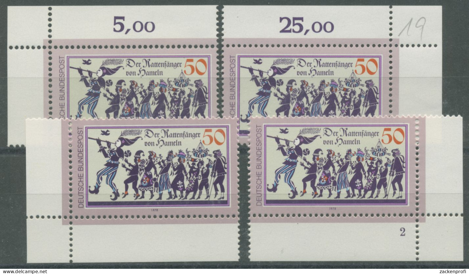 Bund 1978 Rattenfänger Von Hameln 972 Alle 4 Ecken Postfrisch (E448),beschriftet - Nuevos