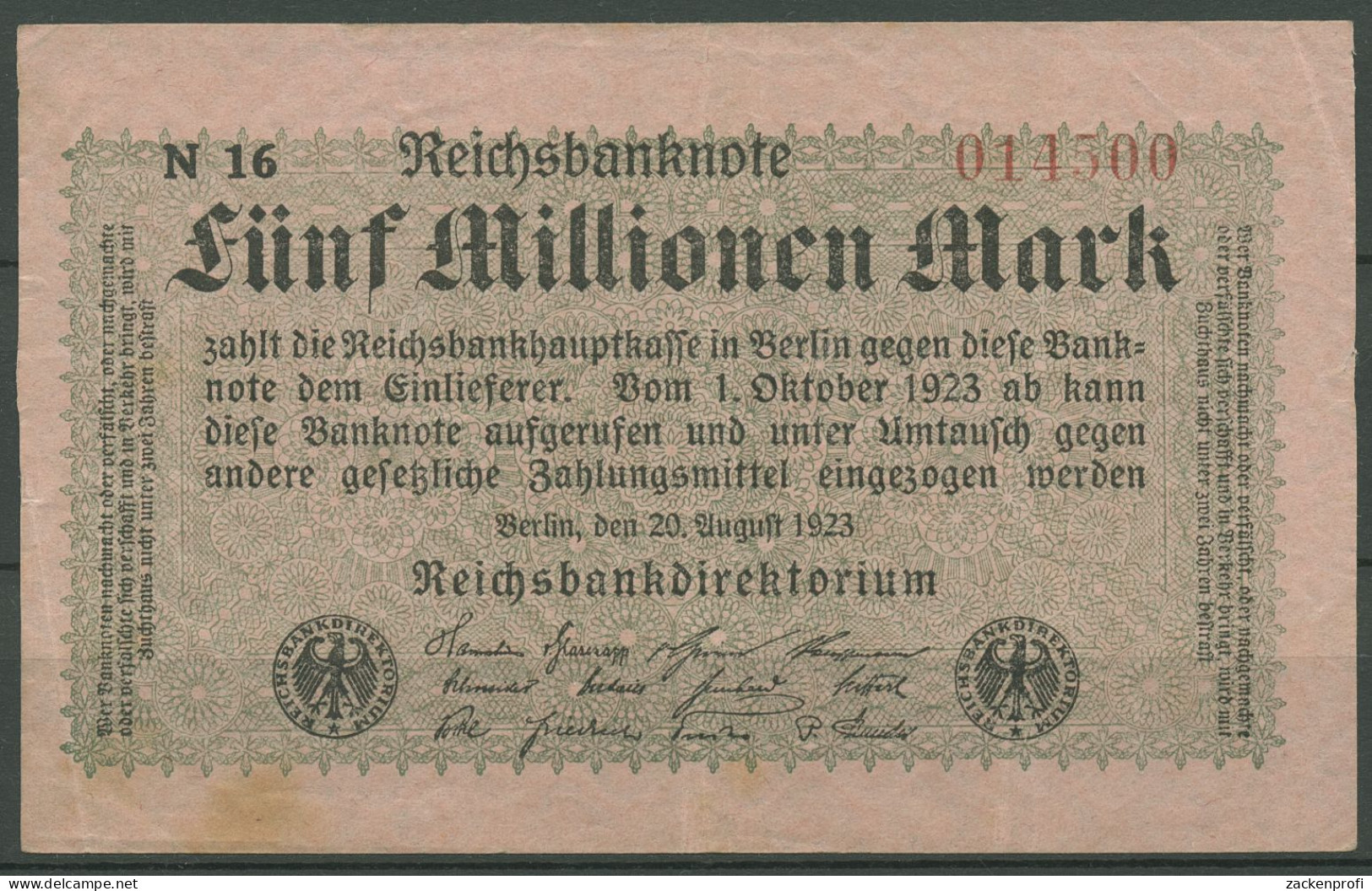 Dt. Reich 5 Millionen Mark 1923, Firmendruck, Ro 104 C Gebraucht (K847) - 5 Miljoen Mark