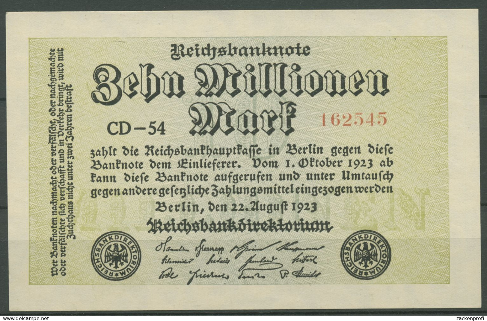 Dt. Reich 10 Millionen Mark 1923, WZ Ringe, Ro 105 C Fast Kassenfrisch (K862) - 10 Mio. Mark