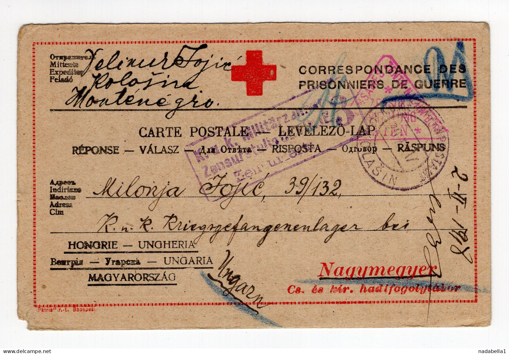 1918. WWI RED CROSS,POW CORRESPONDENCE CARD,MONTENEGRO,KOLASIN TO HUNGARY NAGYMEGYER POW CAMP,CENSORED IN VIENNA,AUSTRIA - Montenegro