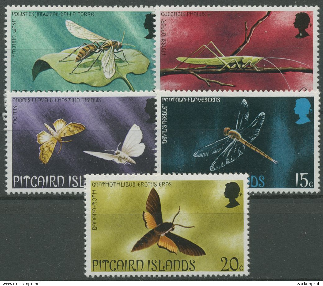 Pitcairn 1975 Insekten Heuschrecke Libelle Nachtfalter 151/55 Mit Falz - Pitcairneilanden