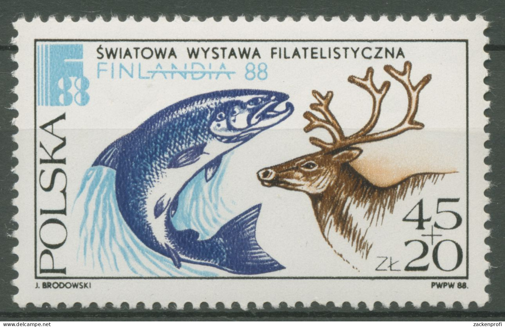 Polen 1988 Briefmarkenausstellung FINLANDIA Lachs Rentier 3148 Postfrisch - Nuevos
