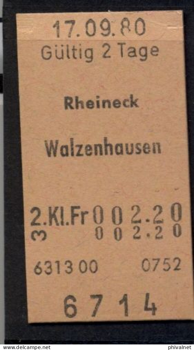 17/09/80 , RHEINECK - WALZENHAUSEN , TICKET DE FERROCARRIL , TREN , TRAIN , RAILWAYS - Europa