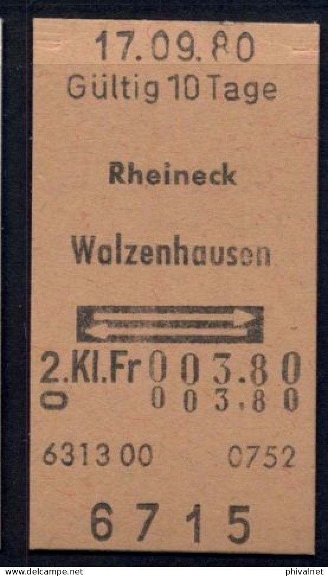 17/09/80 , RHEINECK - WALZENHAUSEN , TICKET DE FERROCARRIL , TREN , TRAIN , RAILWAYS - Europe