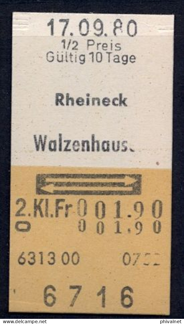 17/09/80 , RHEINECK - WALZENHAUSEN , TICKET DE FERROCARRIL , TREN , TRAIN , RAILWAYS - Europa
