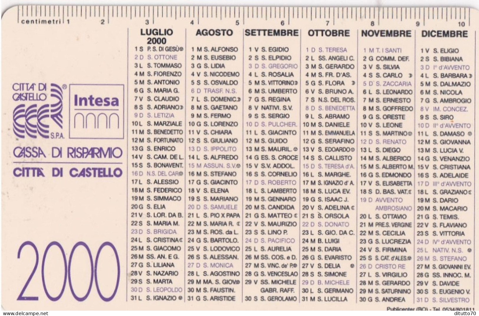 Calendarietto - Cassa Di Risparmio Città Di Castello - Anno 2000 - Small : 1991-00