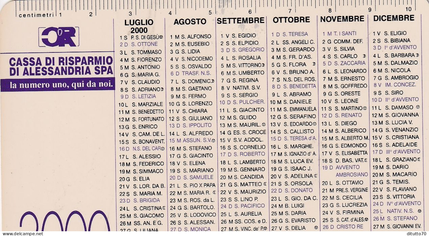 Calendarietto - Cassa Di Risparmio Di Alessandria - Anno 2000 - Petit Format : 1991-00