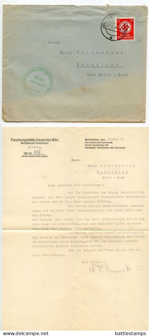 Germany 1939 Official Cover With Letter; Joachimsthal (Uckermark) - Forschungsstätte Deutsches Wild; 12pf Swastika Stamp - Brieven En Documenten