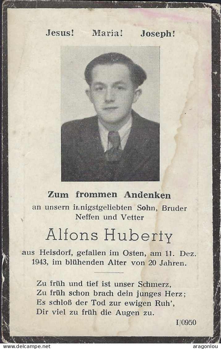 Luxembourg - Luxemburg - Zum Frommen Andenken , Alfons Huberty Aus Heisdorf Gefallen Im Osten 1943  20 Jahren - Dokumente