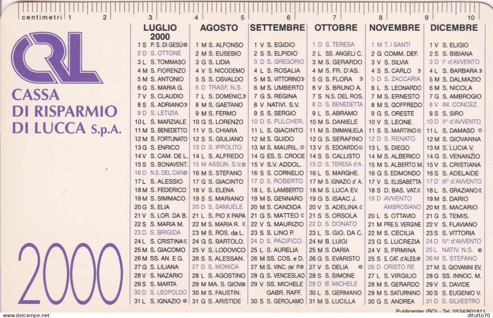 Calendarietto - Cassa Di Risparmio Di Lucca - Anno 2000 - Petit Format : 1991-00