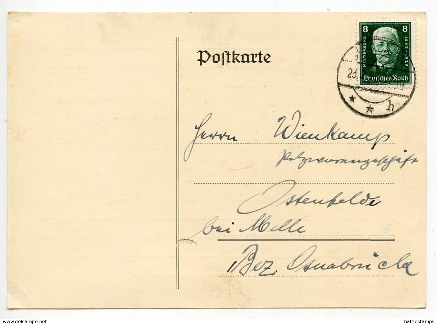 Germany 1928 Postcard; Bockhorst To Ostenfelde; Semi-Postal 8pf. Hindenburg 80th Birthday Stamp - Covers & Documents