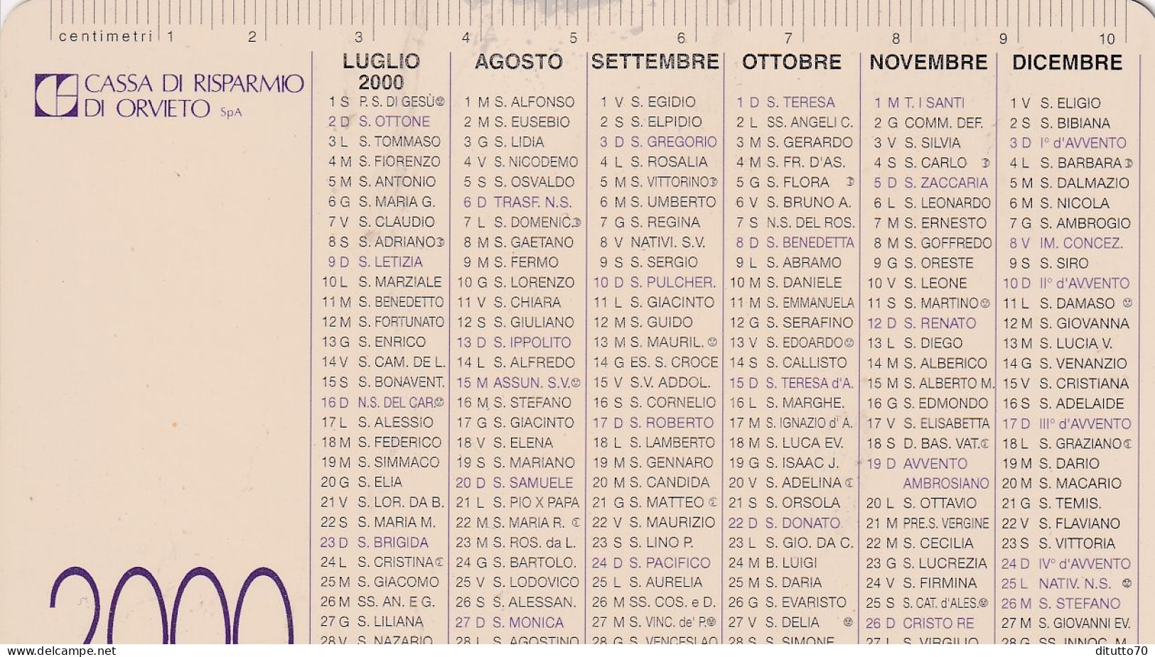 Calendarietto - Cassa Di Risparmio Di Orvieto - Anno  2000 - Tamaño Pequeño : 1991-00