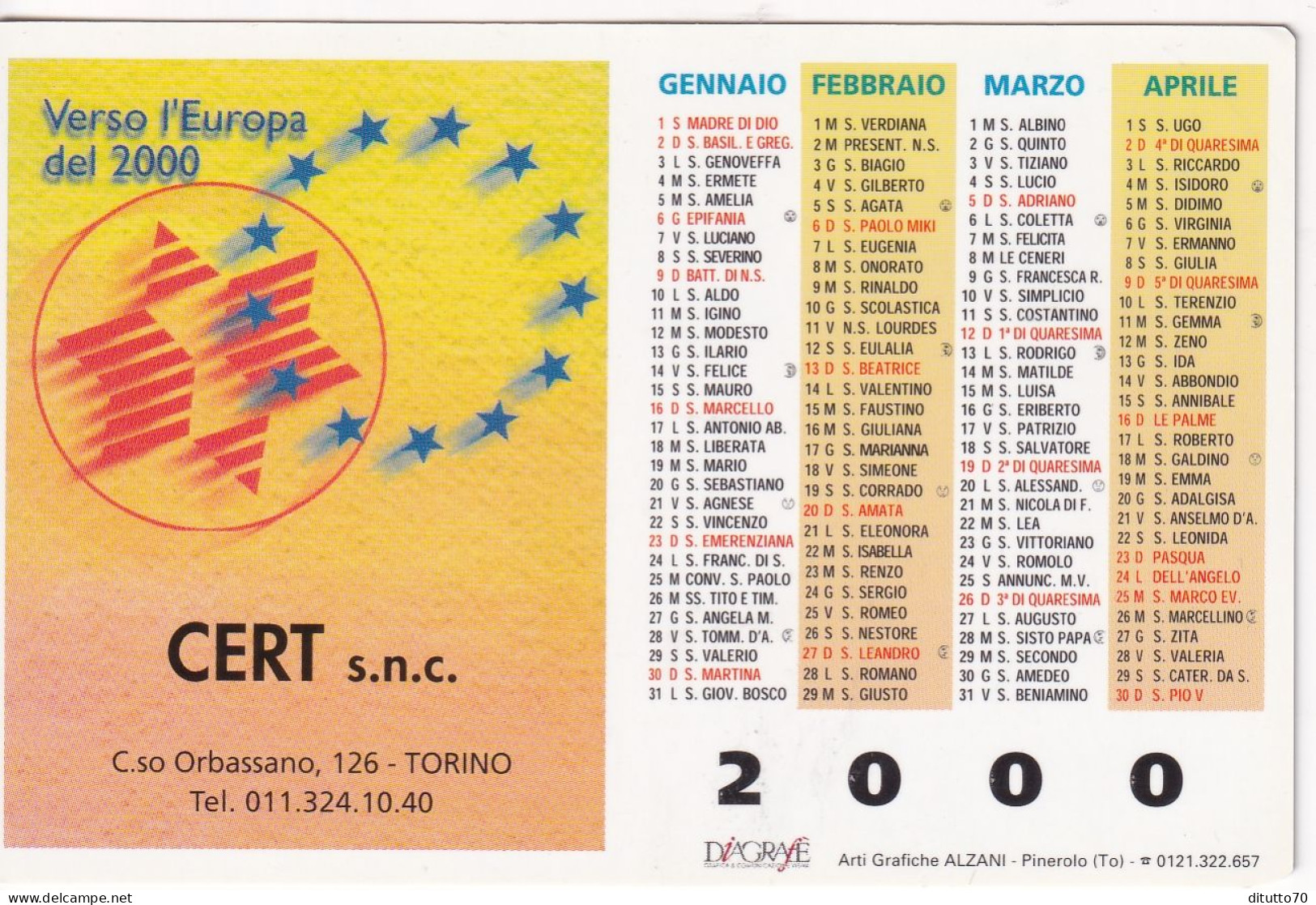 Calendarietto - CERT - Verso L'europa  - Torino - Anno 2000 - Formato Piccolo : 1991-00