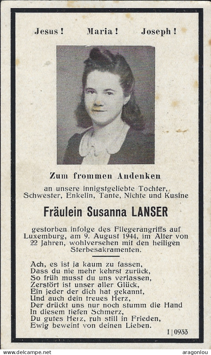 Luxembourg - Luxemburg - Zum Frommen Andenken , Susanna Lanser Gestorben In Folge Eines Flugangriffs 1944   22 Jahren - Documenten