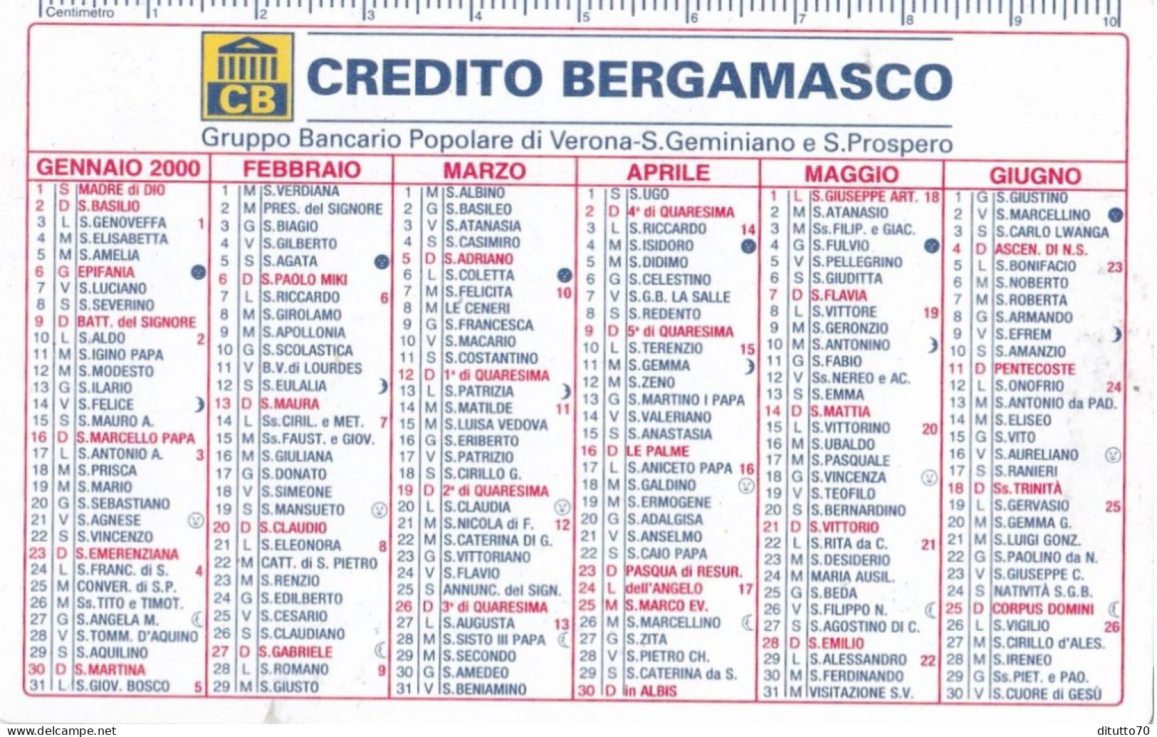 Calendarietto - Credito Bergamasco - Anno 2000 - Kleinformat : 1991-00