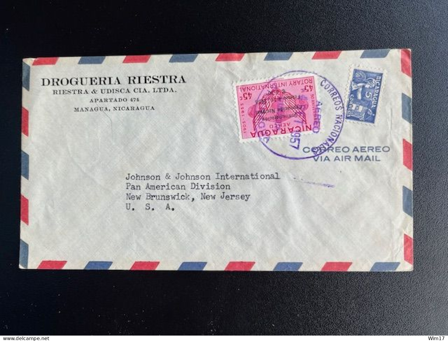 NICARAGUA 1957 AIR MAIL LETTER MANAGUA TO NEW BRUNSWICK USA 04-09-1957 - Nicaragua