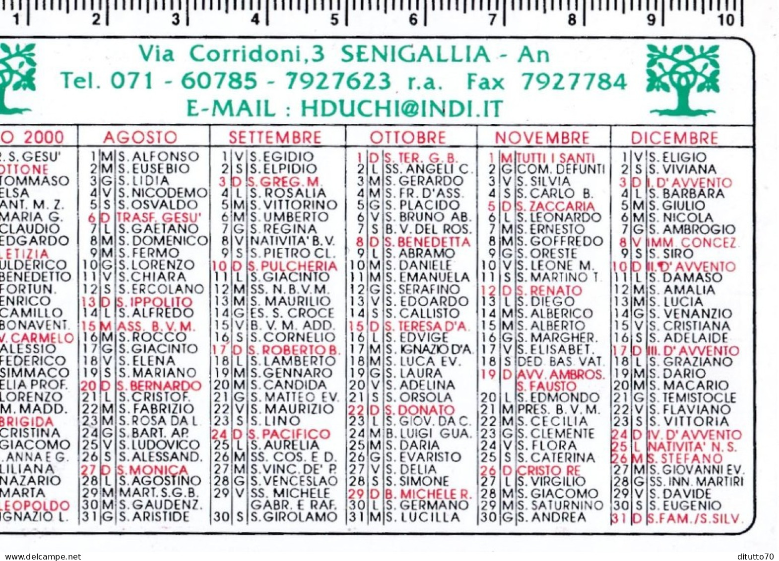 Calendarietto - Duchi Della Rovere Hotel - Anno 2000 - Petit Format : 1991-00
