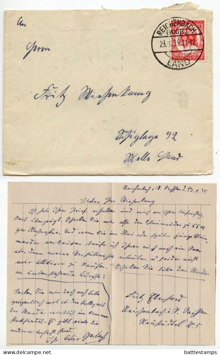 Germany 1935 Cover & Letter; Reichenbach (Vogtl.) To Schiplage; 12pf. Friedrich V. Schiller Stamp - Brieven En Documenten