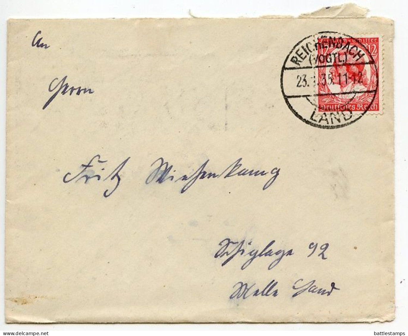 Germany 1935 Cover & Letter; Reichenbach (Vogtl.) To Schiplage; 12pf. Friedrich V. Schiller Stamp - Brieven En Documenten