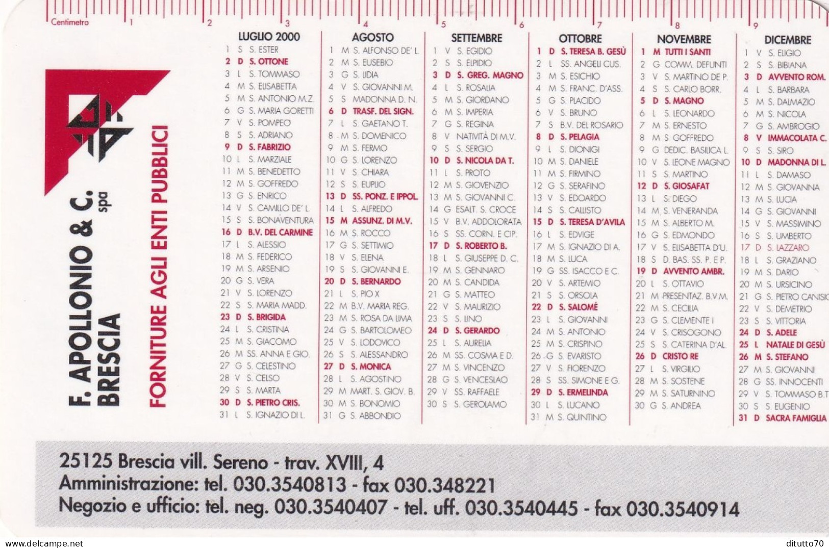 Calendarietto - F.apollonio - Brescia - Anno 2000 - Formato Piccolo : 1991-00