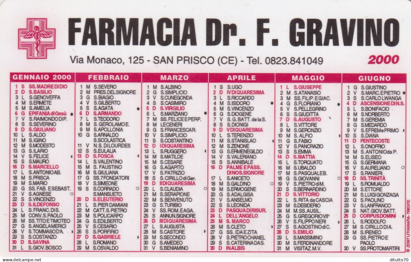 Calendarietto - Farmacia Dr.f.gravino - San Prisco - Caserta - Anno 2000 - Small : 1991-00